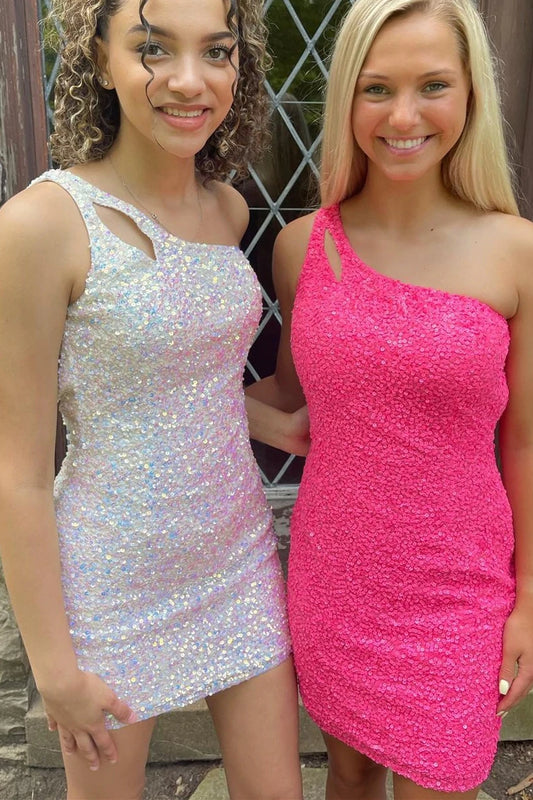 LTP1159,One Shoulder Sequins Bodycon Mini Dress with Keyhole