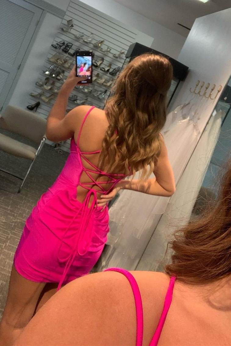 LTP1156,Sexy Hot Pink Plunge Bodycon Mini Dress,Short Homecoming Dresses