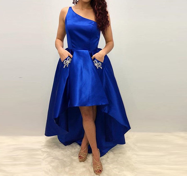 LTP0374,Royal blue high low satin prom dress with pockets