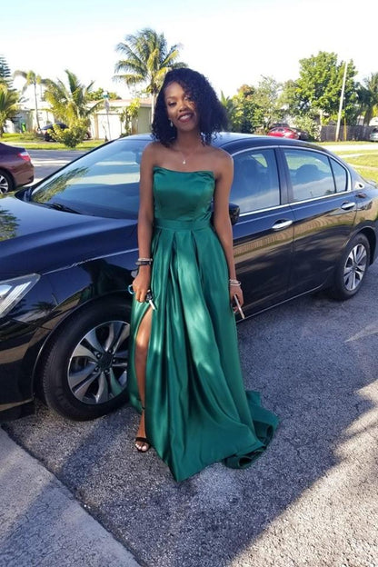 LTP1264,Hunter Green Satin Prom Dresses, Strapless Maxi Long Dress with Side Slit