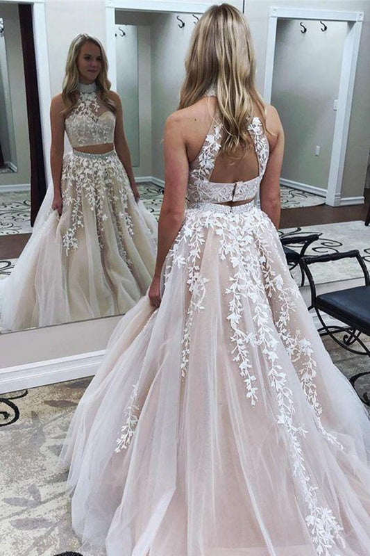 LTP0107,Modest Teens Long Prom Dress,2 Piece Lace Freshman Graduation Prom Gown