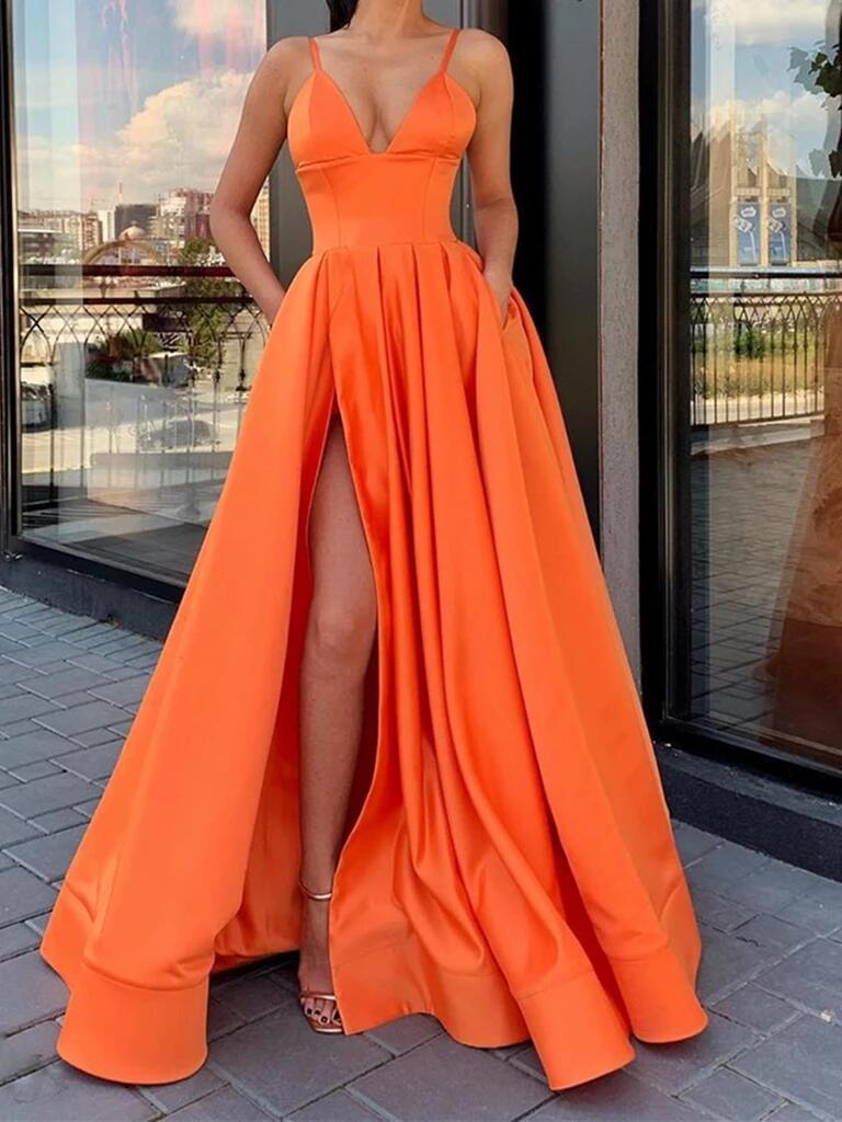 LTP0396,Orange spaghetti straps long prom dresses satin v neck evening party gown