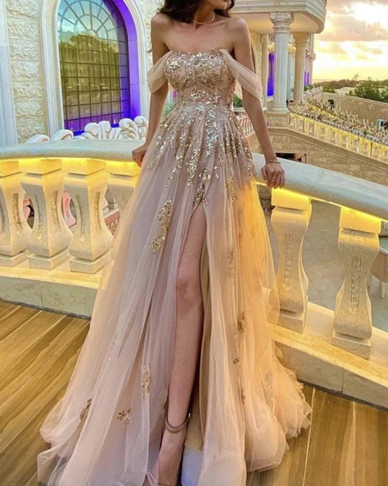 LTP0939,Elegant Champagne tulle corset prom dresses off the shoulder w – Laylatailor Shop