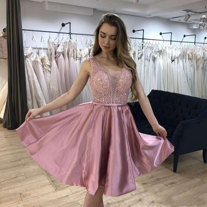 LTP0489,Pink Homecoming Dresses Beaded V-neck Mini Prom Dress A-Line Graduation Dresses