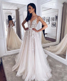LTP0005,Honest Spaghetti Straps A-line Tulle V-back Wedding Dress,White Applique Wedding Gown
