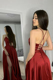 LTP0244,Sexy Long Burgundy V-Neck Prom Dresses with Pockets Criss Cross Side Slit Formal Party Dress