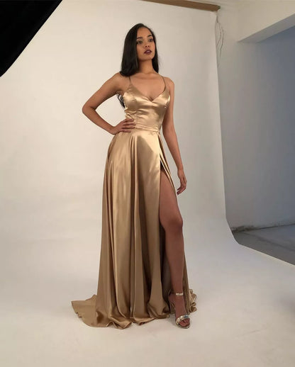 LTP0974, Sexy Gold Satin Prom Dresses Spaghetti Straps Long Evening Dress with Side Slit