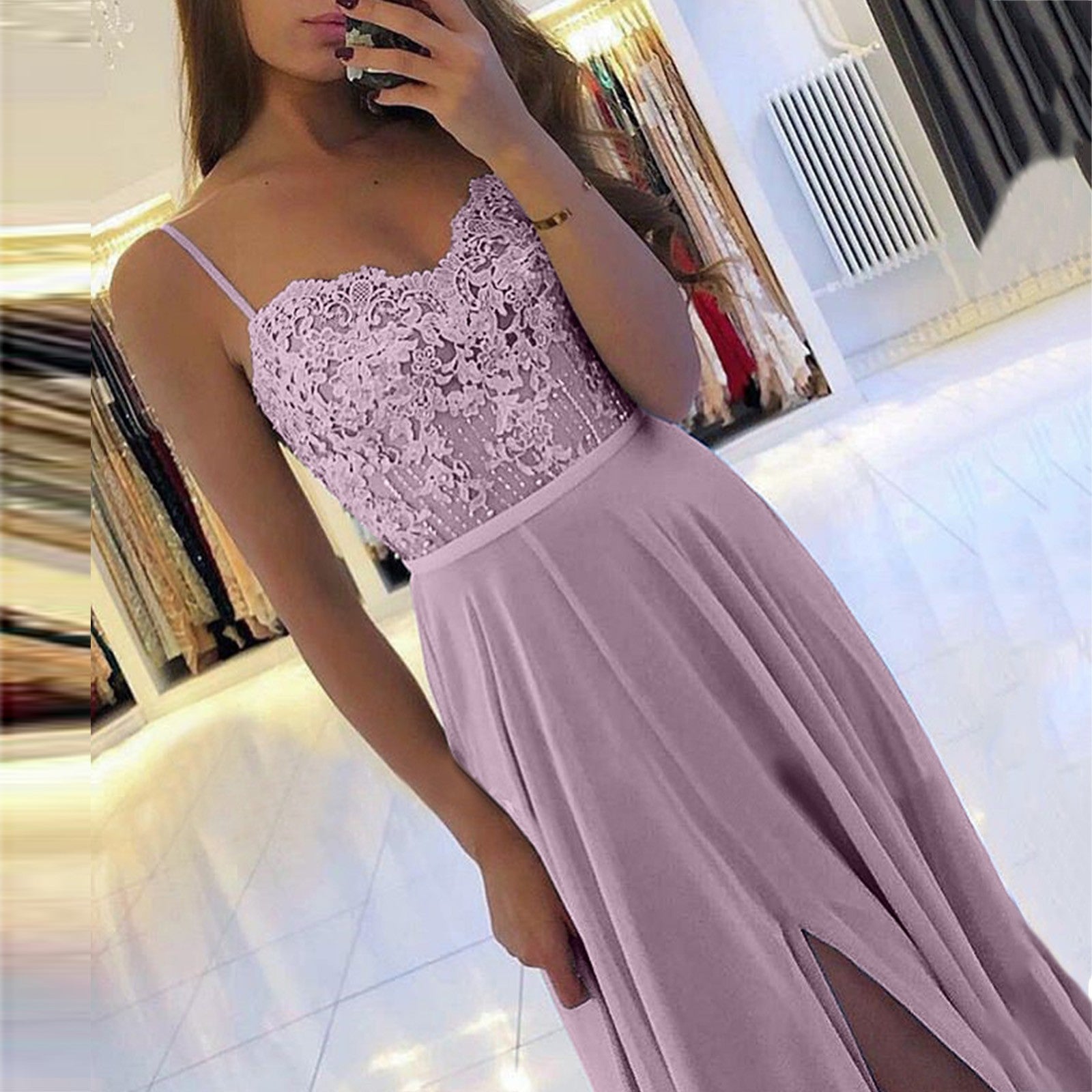 LTP0115,Pink spaghetti straps lace top chiffon skirt long prom dress