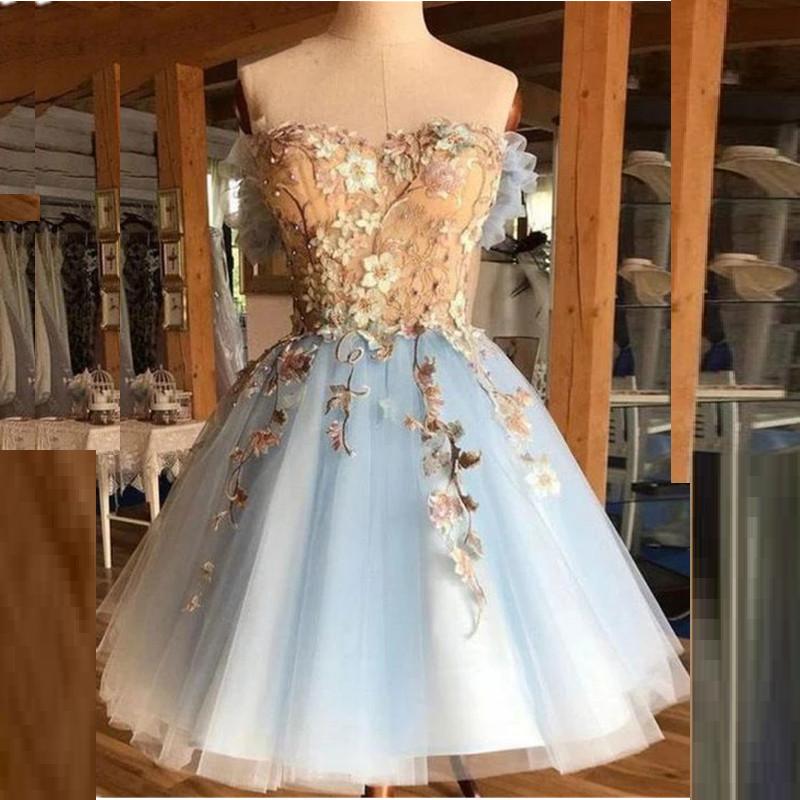 LTP0517,Light blue off the shoulder floral homecoming dresses mini tulle prom dresses