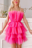 LTP1451,Hot Pink Strapless Tiered Short Homecoming Dress, A Line Sweet 16 Dress