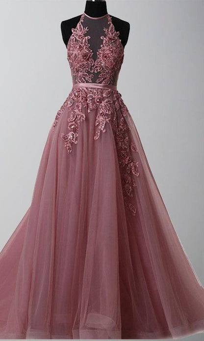 LTP0758,Halter applique tulle prom dresses,evening dress long party gown