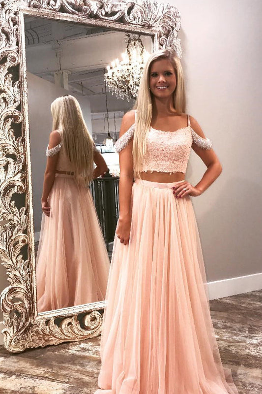 LTP0788,Two Piece Prom Dresses Spaghetti Straps A Line Long Sparkly Prom Dress