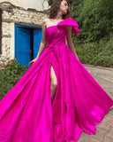 LTP1169,Fuchsia One Shoulder Hot Pink A-Line Satin Long Evening Prom Dresses