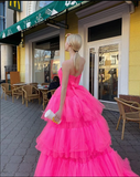 LTP0948,Princess A Line High Low Strapless Pink Long Prom/Evening Dress Ruffles