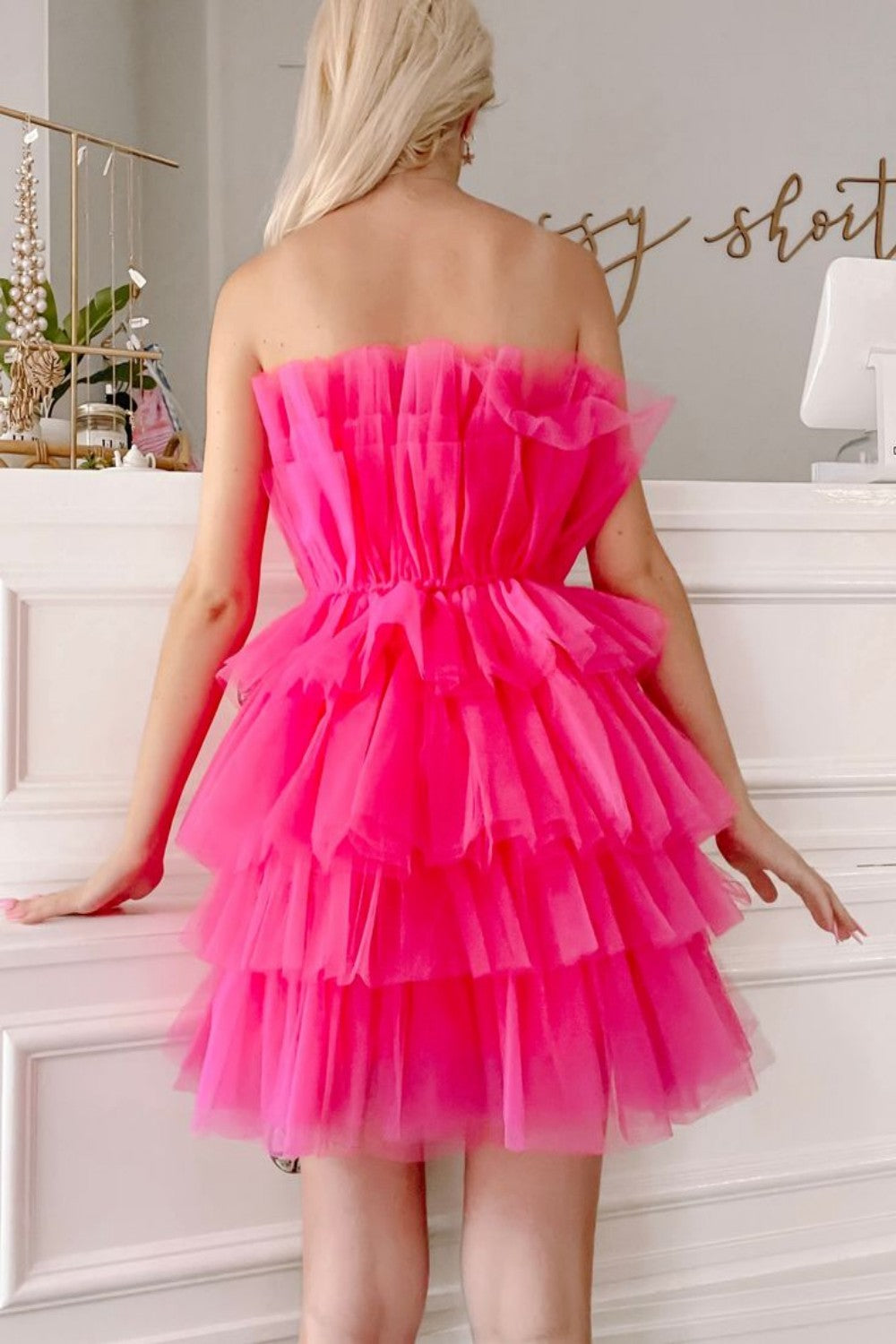 LTP1451,Hot Pink Strapless Tiered Short Homecoming Dress, A Line Sweet 16 Dress