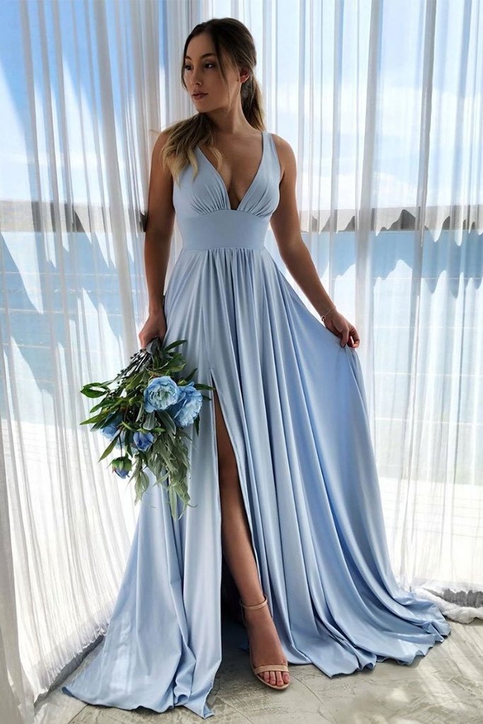 LTP0564,Discount Simple Front Split Light Blue V-neck Elegant Cheap Long Prom Dresses