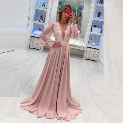 LTP0620,Light pink chiffon long prom dress v-neck long sleeves lace prom dresses