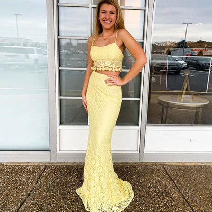LTP0355,Light yellow lace prom dress two pieces evening dress