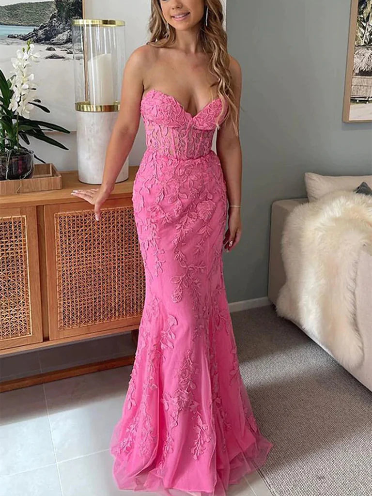 LTP1378,Sweetheart hot pink lace mermaid prom evening dresses
