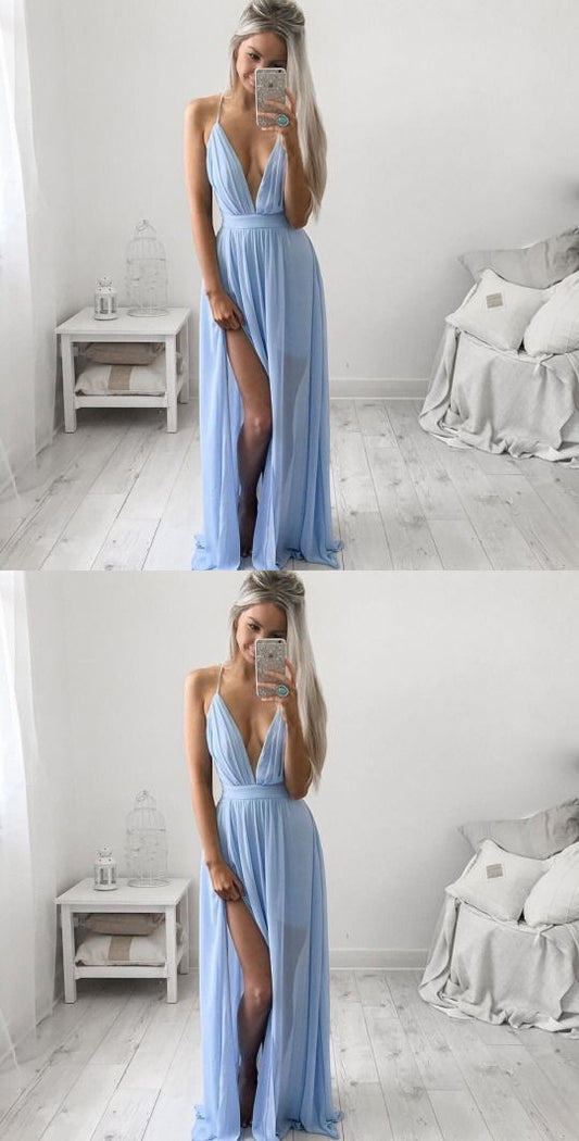 LTP1572,Sexy deep v-neck light blue chiffon prom evening dresses with side slit