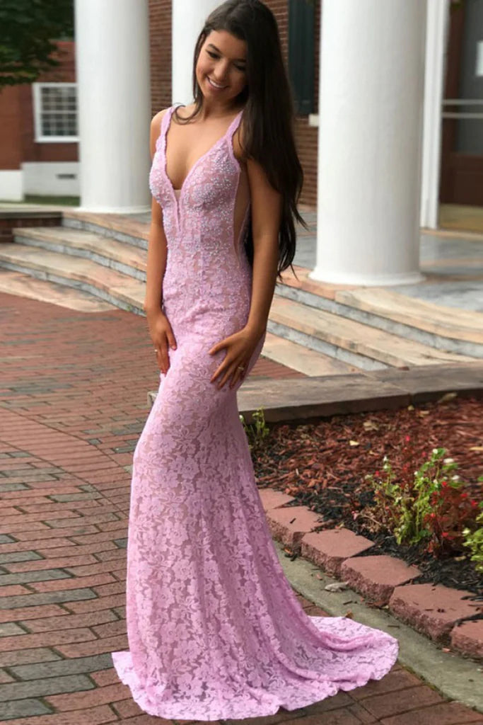 LTP1382,Pink Bodycon Mermaid Lace Prom Evening Dresses Long