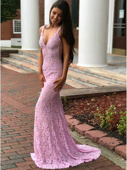 LTP0779,Pink lace mermaid prom dresses v-neck evening formal gown