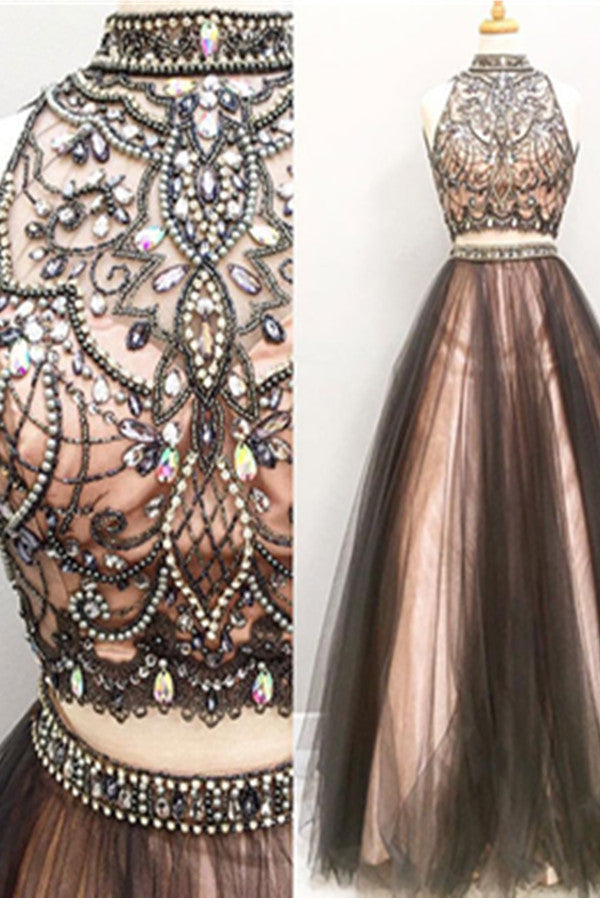 LTP0649,Two Pieces Prom Dresses,A-line Tulle Prom Gowns,Halter Beading Evening Dresses,Beautiful Party Dresses,Cute Dresses