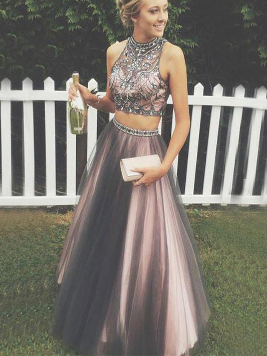 LTP0649,Two Pieces Prom Dresses,A-line Tulle Prom Gowns,Halter Beading Evening Dresses,Beautiful Party Dresses,Cute Dresses