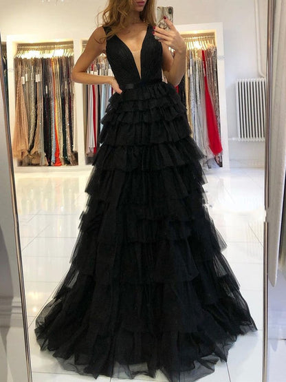 LTP0773,A Line V Neck Black Red Tulle Long Prom Dresses, Black Red Long Formal Evening Dresses