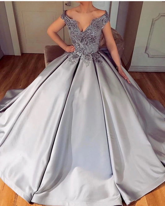 LTP1056,Off the shoulder grey applique beaded A-line prom evening dresses