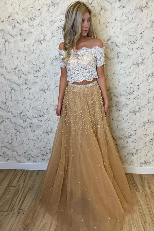 LTP1342,Two Pieces Pearl Beaded Long Prom Dresses Lace Evening Party Gown