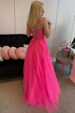 LTP1721,Open Back Hot Pink Tulle Lace Long Prom Dresses, Hot Pink Lace Formal Graduation Evening Dresses