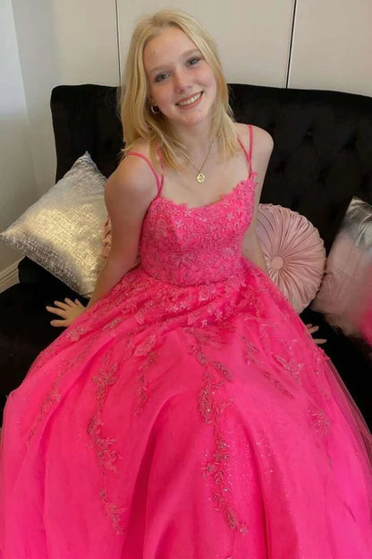 LTP1721,Open Back Hot Pink Tulle Lace Long Prom Dresses, Hot Pink Lace Formal Graduation Evening Dresses