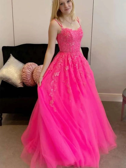 LTP1721,Open Back Hot Pink Tulle Lace Long Prom Dresses, Hot Pink Lace Formal Graduation Evening Dresses