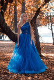 LTP1310,A-line One Shoulder Blue Appliques Tulle Prom Dress