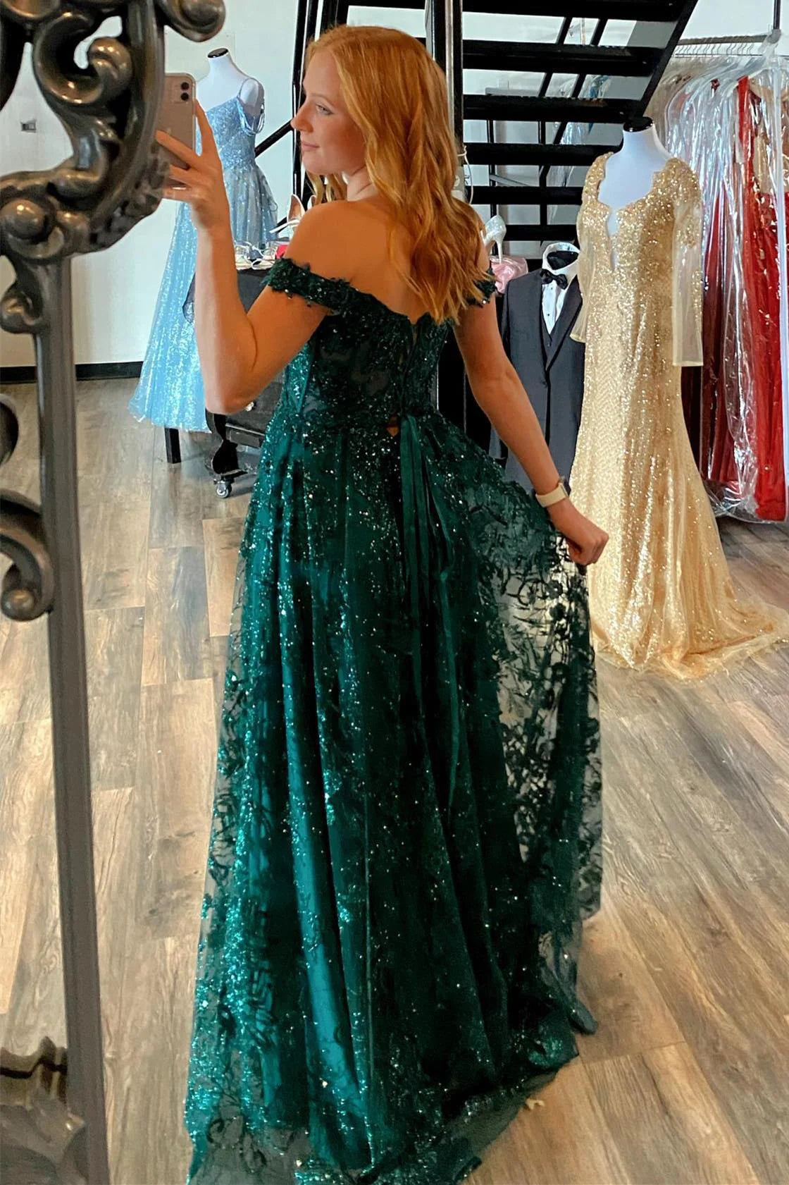 LTP1261,Luxury Green Prom Dresses, Sparkle A-Line Evening Dresses, Off The Shoulder Prom Gown