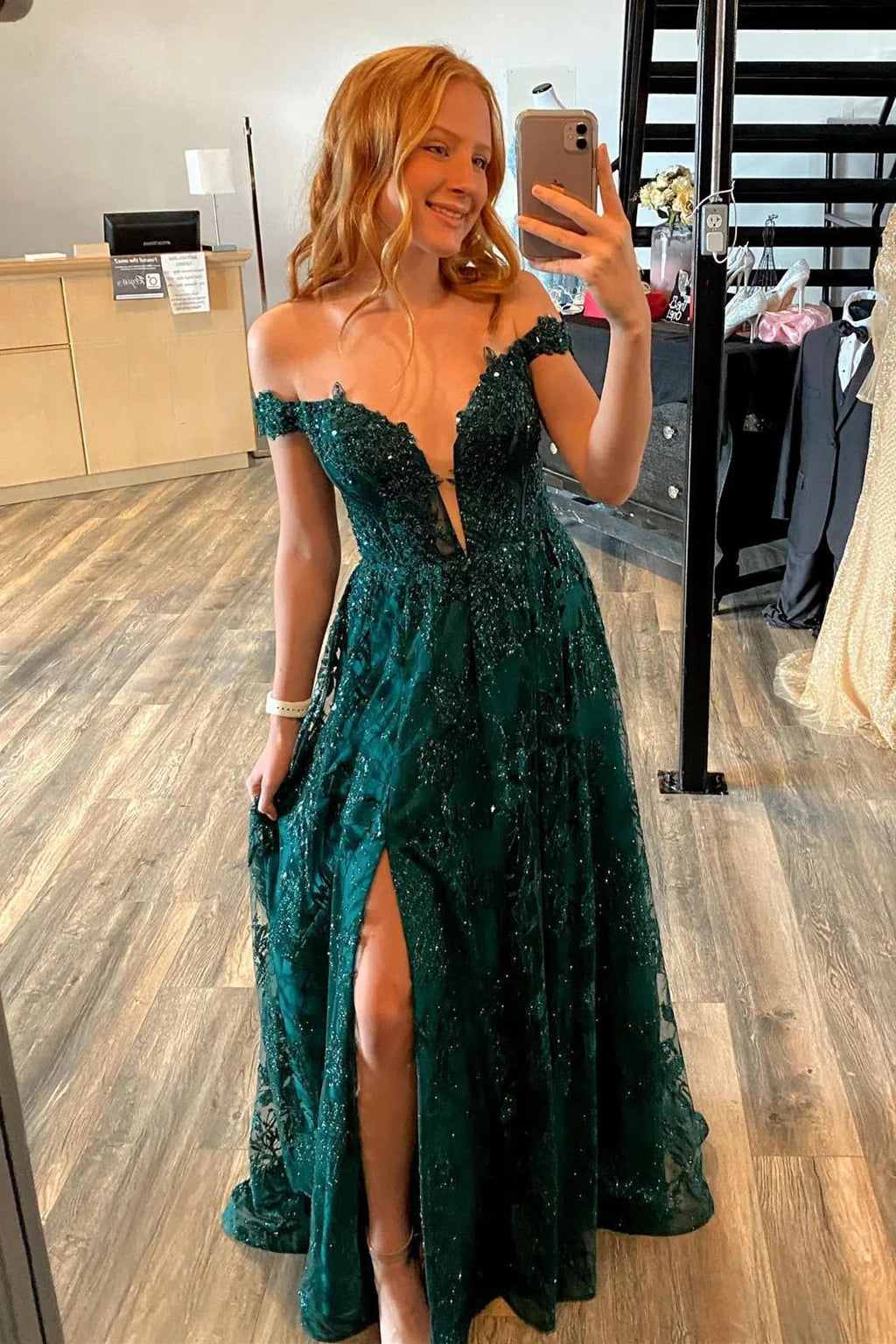 LTP1261,Luxury Green Prom Dresses, Sparkle A-Line Evening Dresses, Off The Shoulder Prom Gown