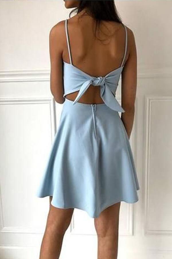 LTP0511,Light blue spaghetti straps mini prom dresses satin homecoming dress