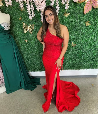 LTP1078,Red one shoulder beaded mermaid long prom dresses with side slit