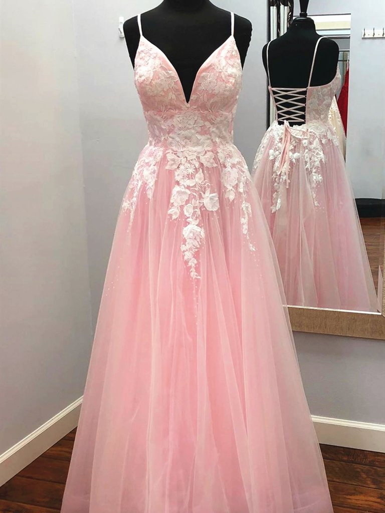 LTP0055,Pink Blue V Neck Backless Lace Prom Dresses,Open Back Lace Formal Evening Dresses