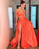 LTP0398,Discount orange satin off the shoulder prom dresses a line long prom dress with high slit
