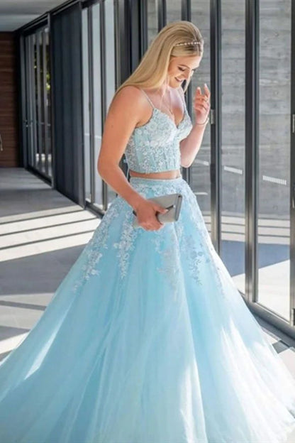 LTP1055,Two pieces long prom dress,spaghetti straps a-line evening formal dresses