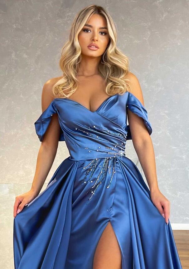 LTP1367,Off-the-Shoulder Blue Split Prom Dress Overskirt With Beadings