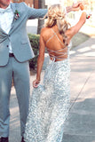 LTP1361,Silver Sequin Spaghetti Straps Mermaid Long Prom Dresses, Backless Evening Gown