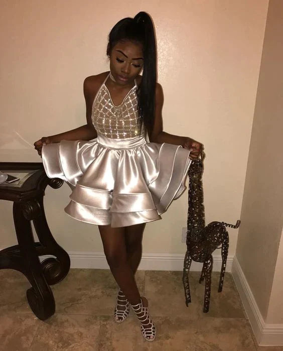 LTP1354,Silver Ball Gown Satin Mini Short Homecoming Dresses Halter Ti – Laylatailor Shop
