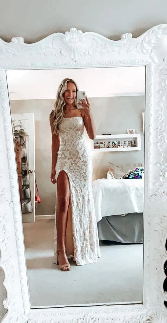 LTP1348,Simple white prom dress,modest slit evening dresses,lace wedding gown