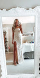 LTP1348,Simple white prom dress,modest slit evening dresses,lace wedding gown