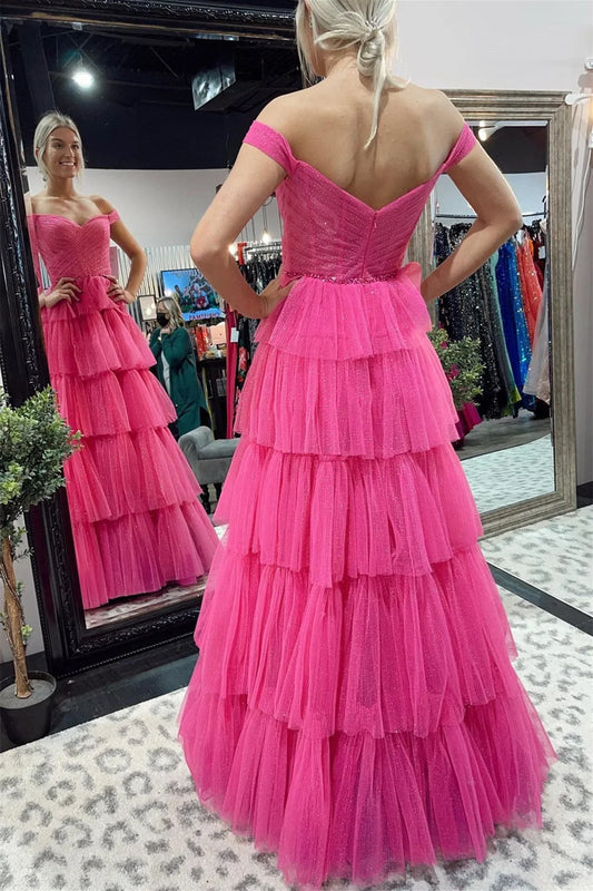 LTP1346,Shiny Tulle Off Shoulder Layered Hot Pink/Navy Blue Long Prom Dresses, Hot Pink/Navy Blue Tulle Formal Evening Dresses