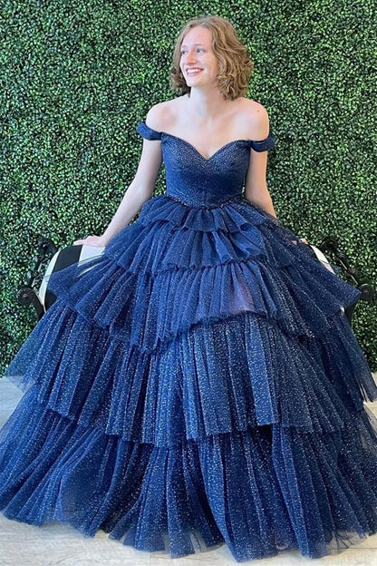 LTP1346,Shiny Tulle Off Shoulder Layered Hot Pink/Navy Blue Long Prom Dresses, Hot Pink/Navy Blue Tulle Formal Evening Dresses