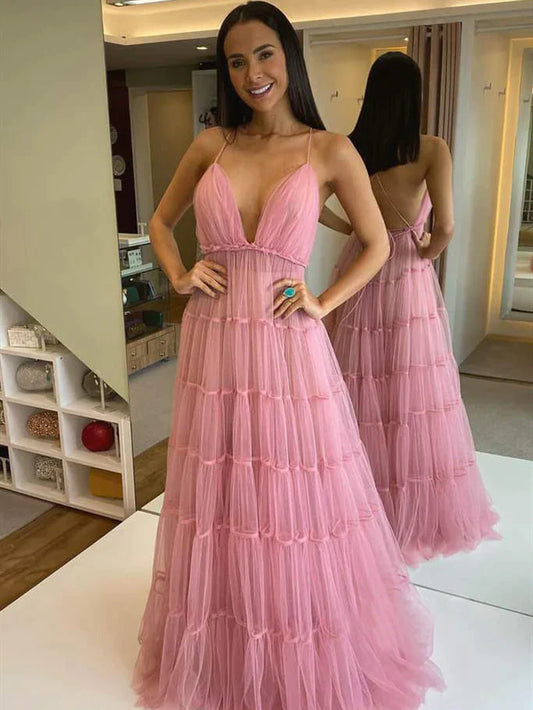 LTP1217,Spaghetti Pink Tulle Prom Dresses,Lovely Prom Dresses,A-Line Formal Dresses